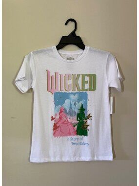 NWT Wicked Girls Medium 7-8 White Short Sleeve T-Shirt Elphaba Glinda Tagless